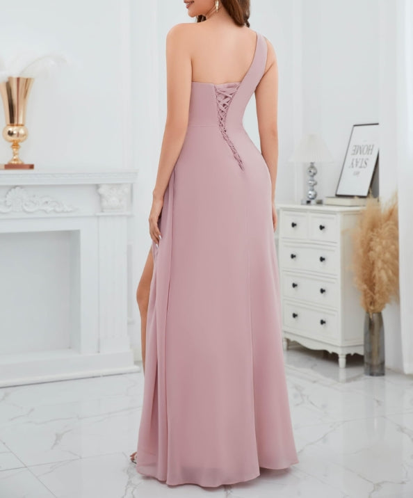 One Shoulder Prom Dresses for Women Ruched Chiffon A Line Evening Formal Gown with Slit